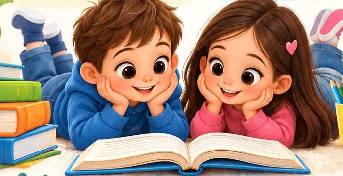 Мальчик и девочка лежат на ковре и читают книгу