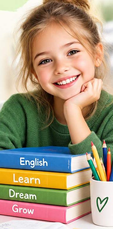 Девочка улыбается рядом со стопкой книг English, Learn, Dream, Grow